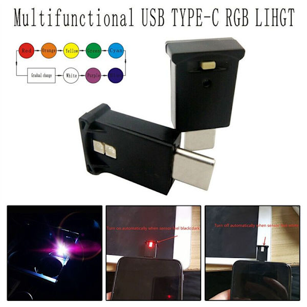 Mini USB-C LED RGB Justerbar Lysstyrke 8 Farver Skiftelig til Bil, Bærbare Computere, Tastatur Atmosfære Natlampe