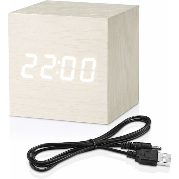 Digital väckarklocka vit, LED-lampa Mini modern kub skrivbordsväckarklocka visar tid datum temperatur för barn, sovrum, hem, sovsal, resor (Wh