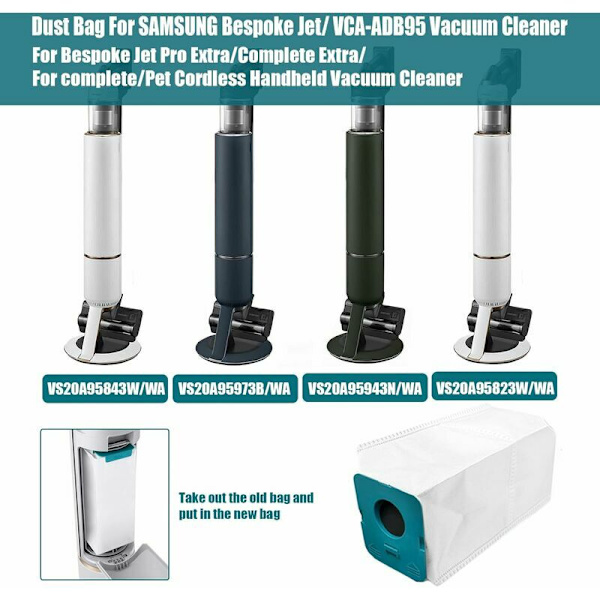 4 stk VCA-ADB95 støvsugerposer til Samsung Bespoke Jet/for Bespoke Jet Pro Extra/Complete Extra/Complete/Complete