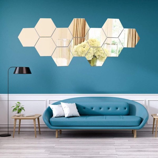 12 stk. Vægspejl Selvklæbende Vægspejle Akryl Hexagon Vægmærke til Hjem Soveværelse Stue Dekoration osv. - 100x86.5x50mm