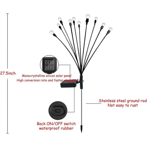 2 stk. 10 hoveder solcelledrevne ildflue-lys, 10 LED udendørs solcelledrevne svingende havebelysning