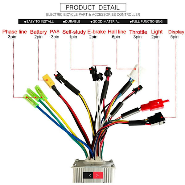 Elektrisk Controller 24V 36V 48V E-Bike Hall Controller 250W 350W 17A Controller Tre-Mode Sinus