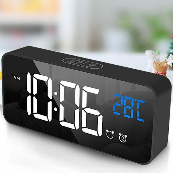 Digital väckarklocka, LED digital väckarklocka spegel skrivbords klocka USB laddningsbar reseväckarklocka med 2 larm / snooze / temperaturvisning / Vo