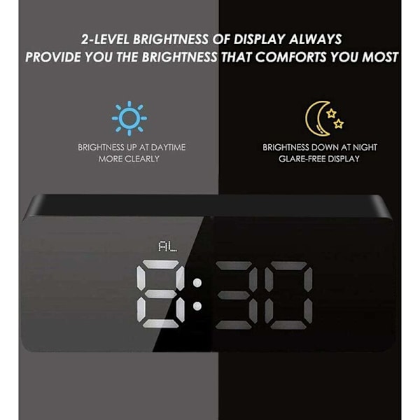 Spejl-vækkeur, Digitalt vækkeur med dato/temperatur/snooze/2 alarmer/USB-opladningsport LED-display, til rejser, soveværelse, kontor, køkken - Sort
