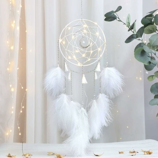 Liten drömfångare med LED-lampa, handgjord fjäderdrömfångare, drömfångare väggdekoration hem ornament - 15 cm i diameter, 122 cm lång (vit)