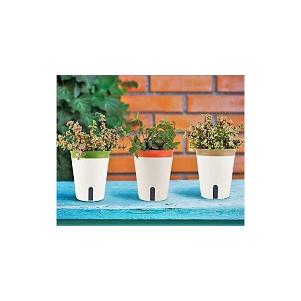 3 St självvattnande blomkrukor, 14,5 cm runda plastblomkrukor för trädgård, blommor, bonsai - med vattennivåfönster och dold dräneringshålsbricka HIAS