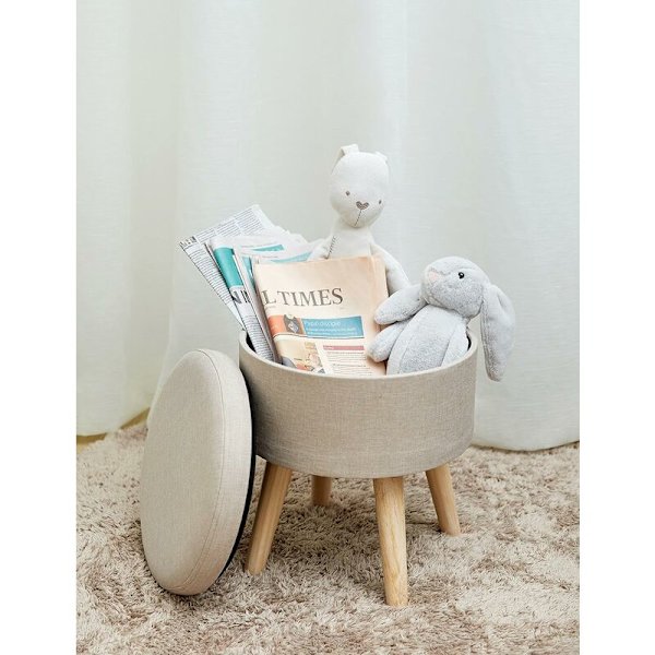 Suhu Ottoman Puff Fotölj Rund Puff Förvaringsfåtölj Linnetyg Fåtölj Låg Klädsel Vardagsrum Design Beige Massiva Träben HIASDFLS