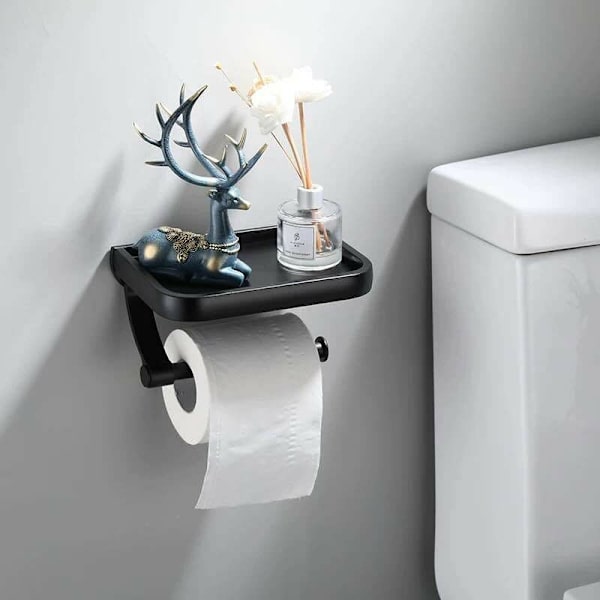 Toiletpapirholder med hylde, rustfrit toiletpapirholder med hylde til toiletpapirholder sort