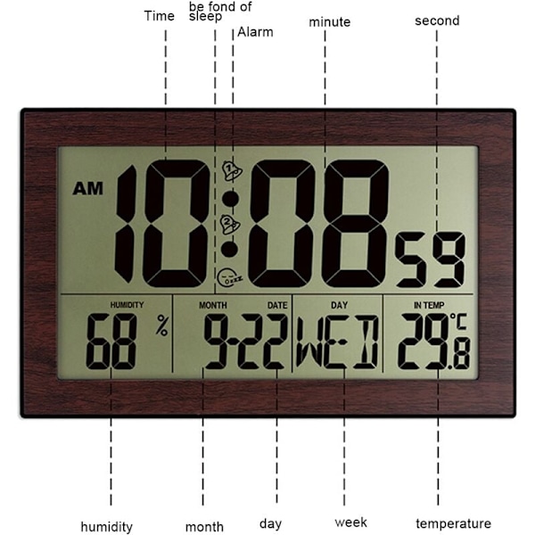 Digital veggklokke, tall, tid, temperatur, kalender, alarm bord, bordklokke, design, kontor, hjem, lys, trestruktur, bakgrunnsbelysning