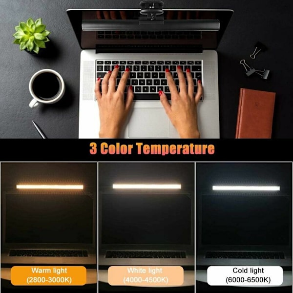 Laptop Skærmbordslampe, USB Laptop Lampe til Computerskærm, Skrivebordslys til Hjemmekontor med Dæmpbar Justerbar Lysstyrke/3 Farvetemperaturer/Plads