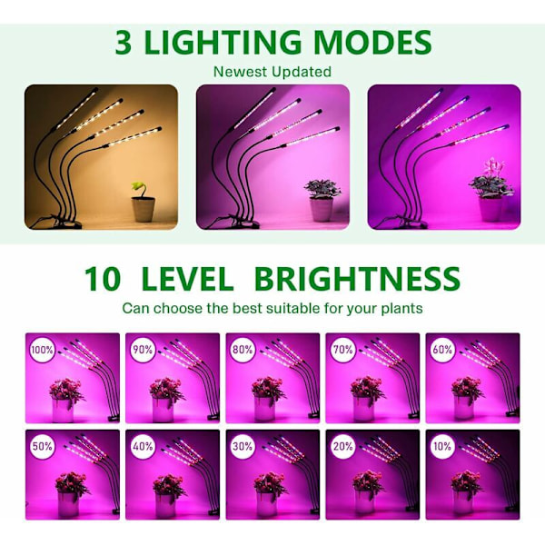 Plantelampe, EWEIMA 80 LED Vækstlys LED Havebrugslampe til Planter med 4 Hoveder Lampe til Planter, 3 Lysstyrketilstande, 10 Dæmpningsniveauer og 3 T