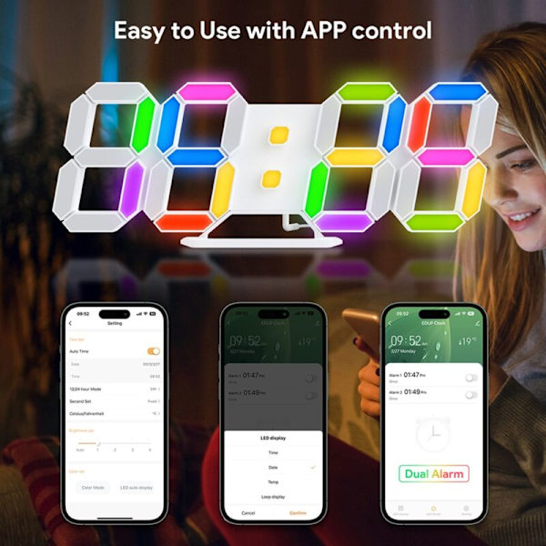 Ur 3D RGB LED Digital Vægur Lysende Bordvækkeur Tid Dato Bordur med App Kontrol til Soveværelse