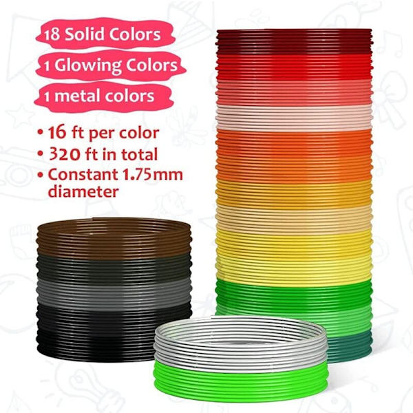 3D Pen PLA Filament Refills 20 Farver, 16 Fod pr. Farve i Alt 320 Fod 1,75 Mm Premium Filament til 3D-Print Pen Kommer