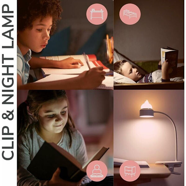 Fleksibel klemmelampe med originalt nattlys/Med USB-oppladbart batteri/LED-leselys og leselampe for skrivebord, seng, nattbord - Lett, praktisk