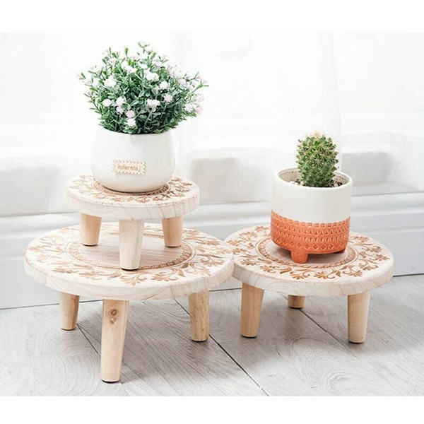Liten rund träblomkruka stativ, minipall, displaystativ för suckulenter, bonsai, krukväxter, rustikt blomkruka stativ