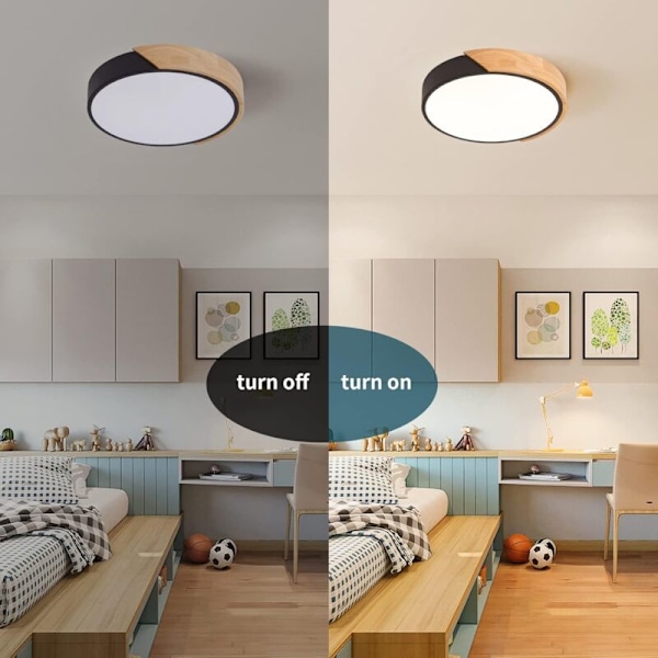 LED-kattovalaisin, 24W upotettu kattolamppu musta lämmin valo Ø30CM 2400LM 3000K Moderni ultraohut pyöreä puinen valaisin makuuhuoneeseen olohuoneeseen