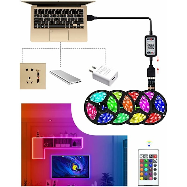 5m USB LED-nauhavalo Makuuhuoneen Koristeluun 5050 RGB Bluetooth-valo Sovelluksen Ohjauksella Itsekiinnittyvällä Teipillä Makuuhuoneeseen Kotiin Keittiöön