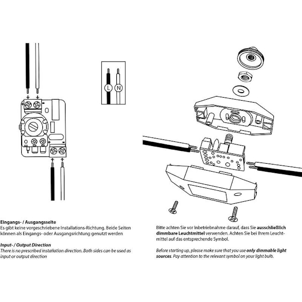 1-60 W Dimbar LED-Dimmer (Rotationsdimmer), Kompatibel med LED-lampor, På/Av, Spänning 220-230 V, CE In-Line-brytare, Svart färg -