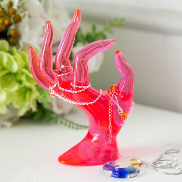 Håndformet ringstativ smykkevisningsarrangør armbånd ring klokkestativ støtter estetisk dekorasjon romdekorasjon (rosarød