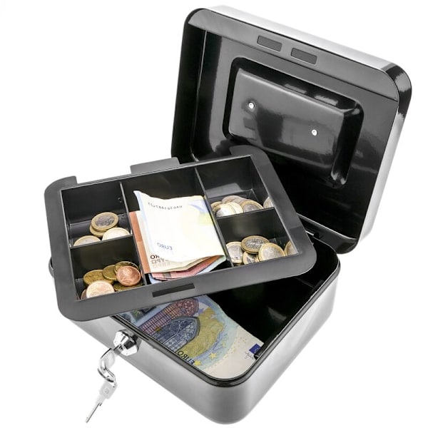 Bærbar safe for oppbevaring av sedler og mynter, mål 198x158x88mm