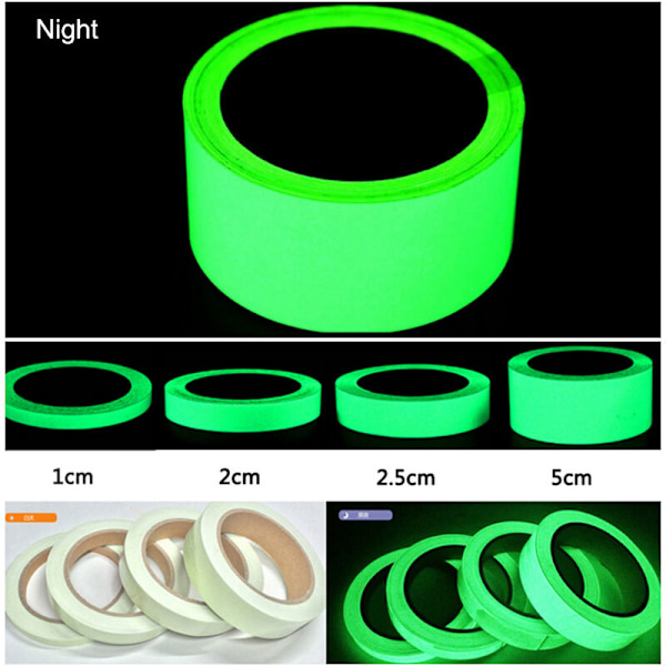 2 Ruller Fluorescerende Selvklæbende Lysende Tape Vandafvisende Aftagelig Klæbetape Gløder i Mørket til Trapper Scene Cykel Soveværelse Garage - 2cm x 3m