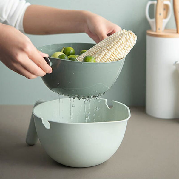 2 i 1 grønnsak fruktvask roterende sil dreneringskurv med håndtak, kjøkken frukt grønnsak rengjørings gadgets