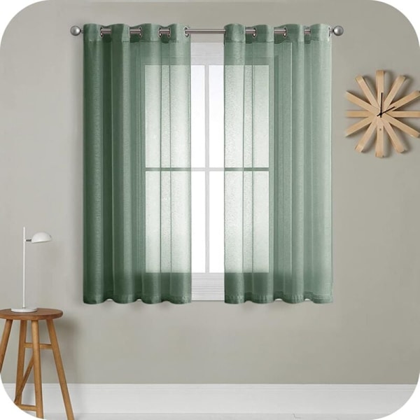 2-delt Grøn Voile Gardin 140x160 cm med Halvgennemsigtig Øje i Linneffekt Indvendig Vindue Dekorationer til Moderne Stue Soveværelse Køkken