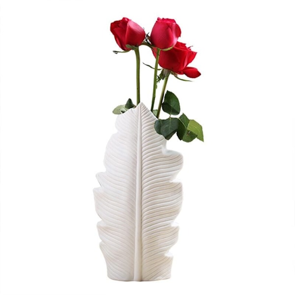 Keramisk vas Fjäderblad Form Blomkruka Balkong Skrivbordsdekoration Sovrum Vardagsrum Kontorsdekoration Vit