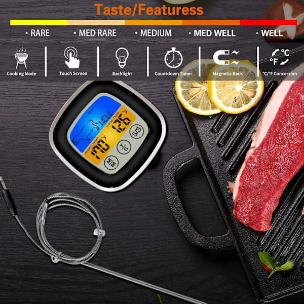 2020 Instant Läsbar Kötttermometer 40 Tums Sondkabel Digital Säker Livsmedelstermometer med BBQ Färg Pekskärm LED-Display (Svart med Silverram