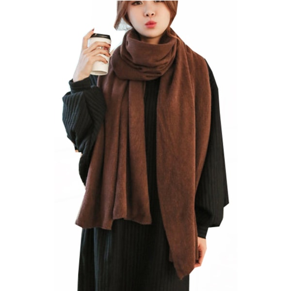 Vinter varmt og kaldsikkert strikket skjerfsett for dame, teppeskjerf, ensfarget, brunt
