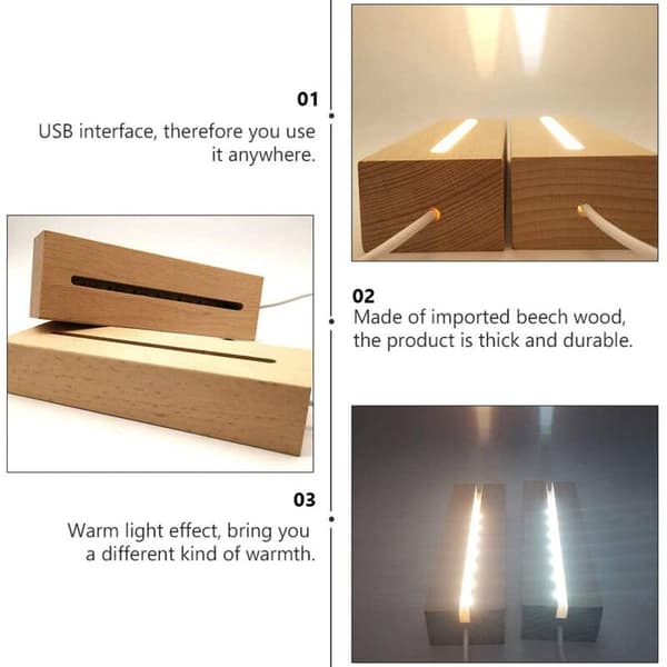 Rektangulær Træ Lys Base, Træ LED Display Base Stativ Lampe Stativ til Akryl, Krystal, Natlys, Resin Art