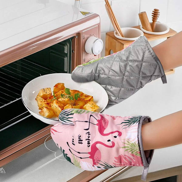 Ugn och grytlappar Köksbomull Ugnsvantar Värmebeständiga Grytlappar för Ugn Grill Matlagning Hantering (Flamingo)