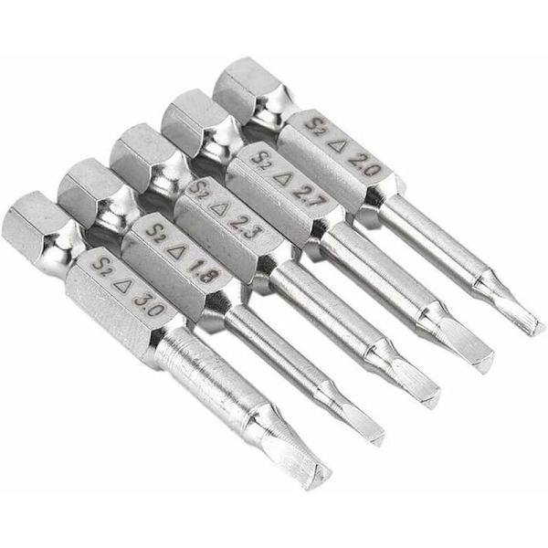 5 stk. Trekantede magnetiske skruetrækkerbits Sæt S2 Stål 1,8 mm, 2 mm, 2,3 mm, 2,7 mm, 3 mm, 6,35 mm Hex Skaft, 50 mm Længde