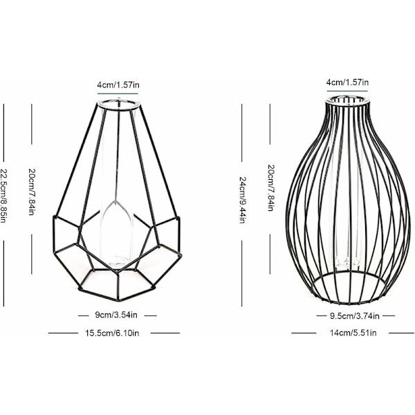 Vas i metallram, geometrisk form glasrör, blomvas för hydroponiska växter, solida terrarium små knoppvaser för kontor hem, geometrisk