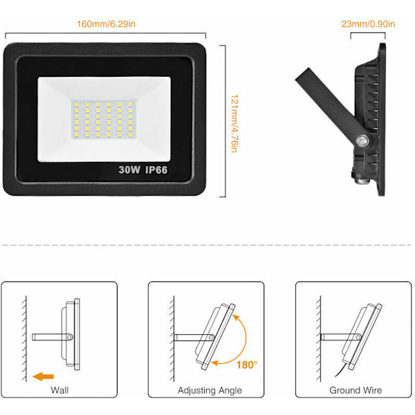 (1 Pakke) 30W LED Udendørs Projektør, IP65 Vandafvisende Kraftfuld Udendørs LED Spotlight, 220V Kold Hvid Udendørs Lys, Udendørs LED Spotlight