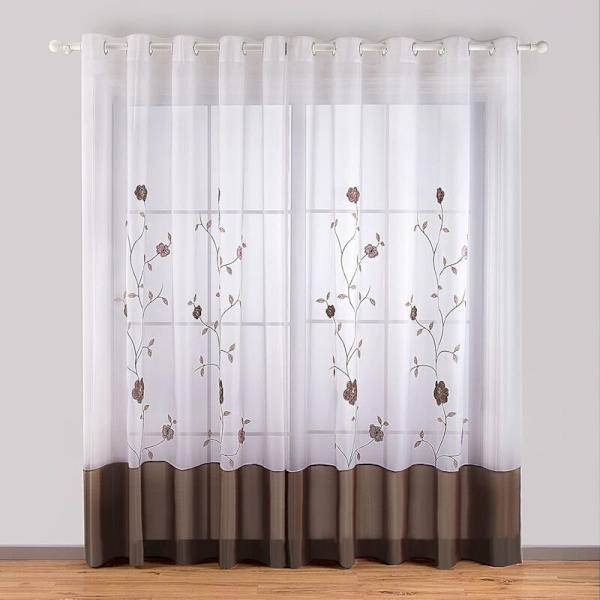 Set med 2 gardiner med öljetter, blommig broderade gardiner för sovrum, kök, vardagsrum (2 paneler (bredd 140 cm x höjd 260 cm), brun)
