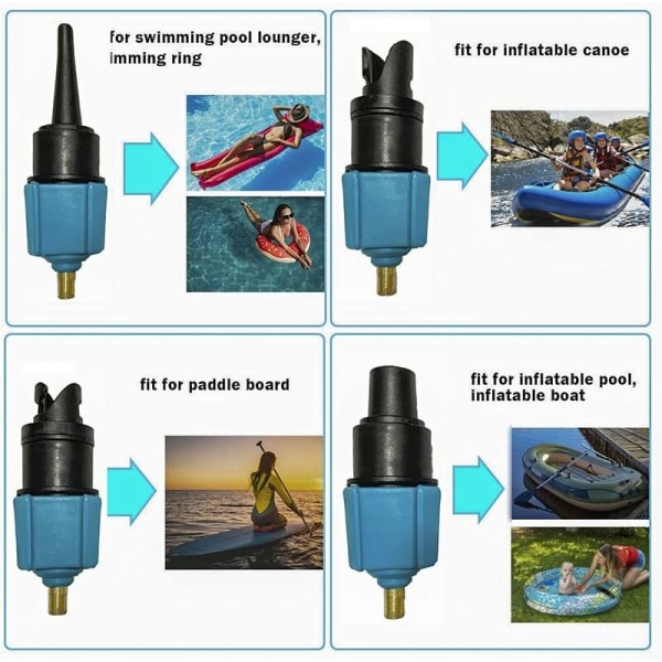 Adapter til paddleboard-pumpe, kajakpumpe-adapter med 4 luftventil-dyser til kajak/oppustelig seng/stand up paddleboard/båd, luftventil-konverter (blå