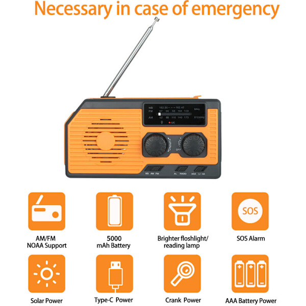 Solradio, 5000mAh Vattentät Uppladdningsbar Bärbar Dynamo Radio, Ficklampa, Läslampa, SOS-larm, AM FM WB Vevaradio, Perfekt för Camping