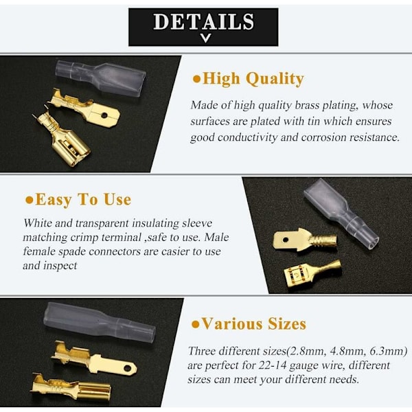 480 stk Flat Socket, 2.8mm 4.8mm 6.3mm Hann og Hunn Flat Plugg Terminal Spade Kabel Lugs med Isolerende Hylsen Sortimentsett (Gull)