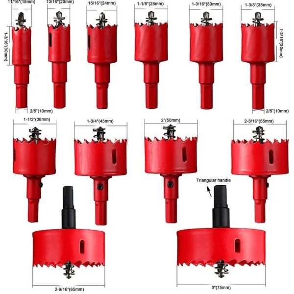 12 stk. Bi-Metal Hulsavssæt i Stor Størrelse til Boring i Panel, Plast, Rør, Træ, Fiberplade, Blødt Metal 18-75mm
