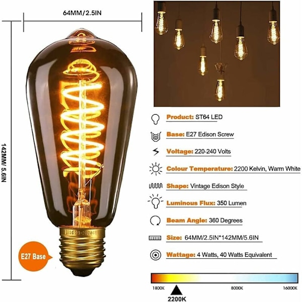 Sæt af 3 LED ST64 E27 Pærer, 4W Fleksibel Spiral Buet, Dekorativ Antik Varmt Hvid 2200K, 40W Ækvivalent