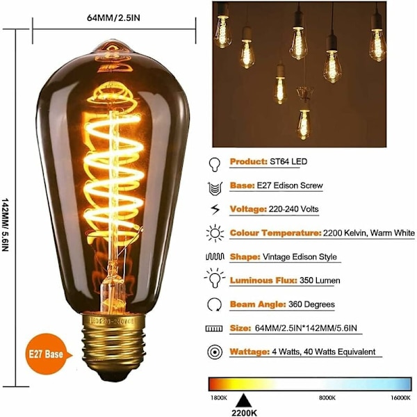 Sett med 3 LED ST64 E27 pærer, 4W Fleksibel Spiralformet, Dekorativ Antikk Varmt Hvit 2200K, tilsvarer 40W