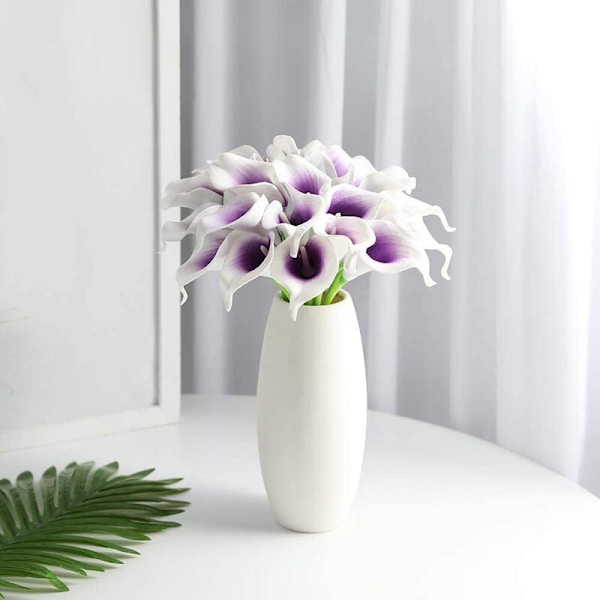 24 stk kunstige Calla Lily blomster til DIY midtpunkter brudebukett hjemmedekor (lilla i hvitt)