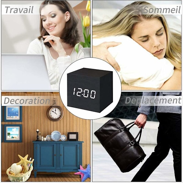 Bärbar LED Digital Väckarklocka, Tyst Mini Klocka med Röstaktiverad Enkel Minimalistisk Träklocka Temperaturkalender för Hem Kontor Resor (