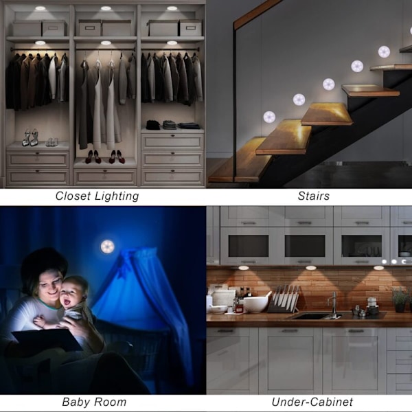 Automatisk LED Natlys, Indendørs Bevægelsessensorlys, Trådløse LED Lys, 3 Tilstande (Auto/Tændt/Slukket) ，LED Skabslys, Genopladelig