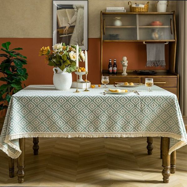 Rektangulært grovt strikket brodert frynsete teksturert bomullslinduk for kjøkken spisestue, 55\" x 55\", 4 seter