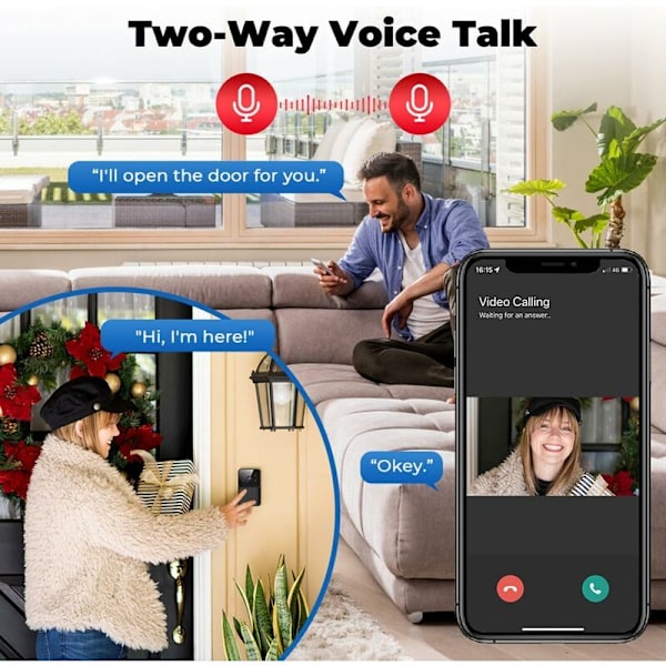 DoorDefender, trådlös videodörrklocka med kamera, WiFi smart videodörrklocka, smart videodörrklocka, trådlös smart videodörrklocka med chime (svart-
