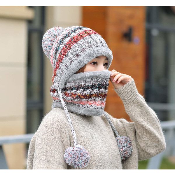 Strikket lue for kvinner Skjerfsett Vinter Varmt fortykket Heklet Puffy Ball Beanie Utendørs Ski Snowboard Sykkel Krøllhatt med pelskant (grå)