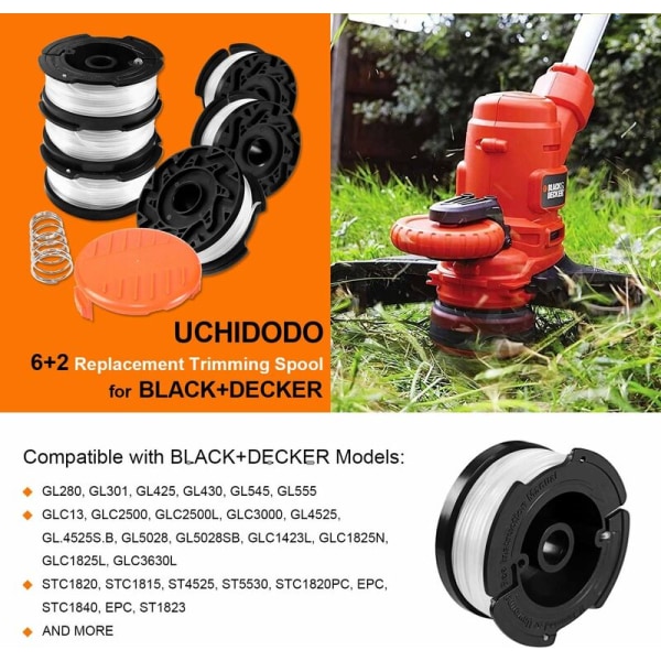Strängtrimmerlinjespole för Black and Decker-strängtrimmers, 6 borstskärlinjespole med 2 spolhölje och 2 fjädrar