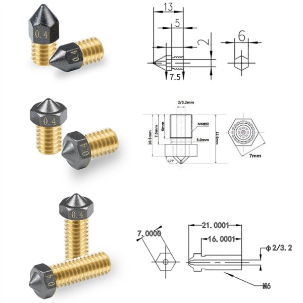 Oppgradert V6-dyse for E3D 1,75-0,4 mm dyse PTFE-belagt messingdyse 3D-skriverdel PTFE-beleggflate for Ender 3